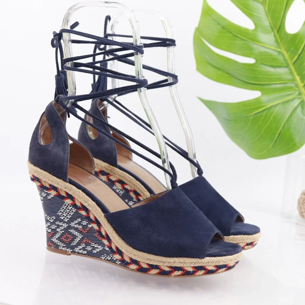 CAbi Womens Isla Sandals Size 8 Navy Suede Tie Ankle Wrap Espadrille Wedge Shoes